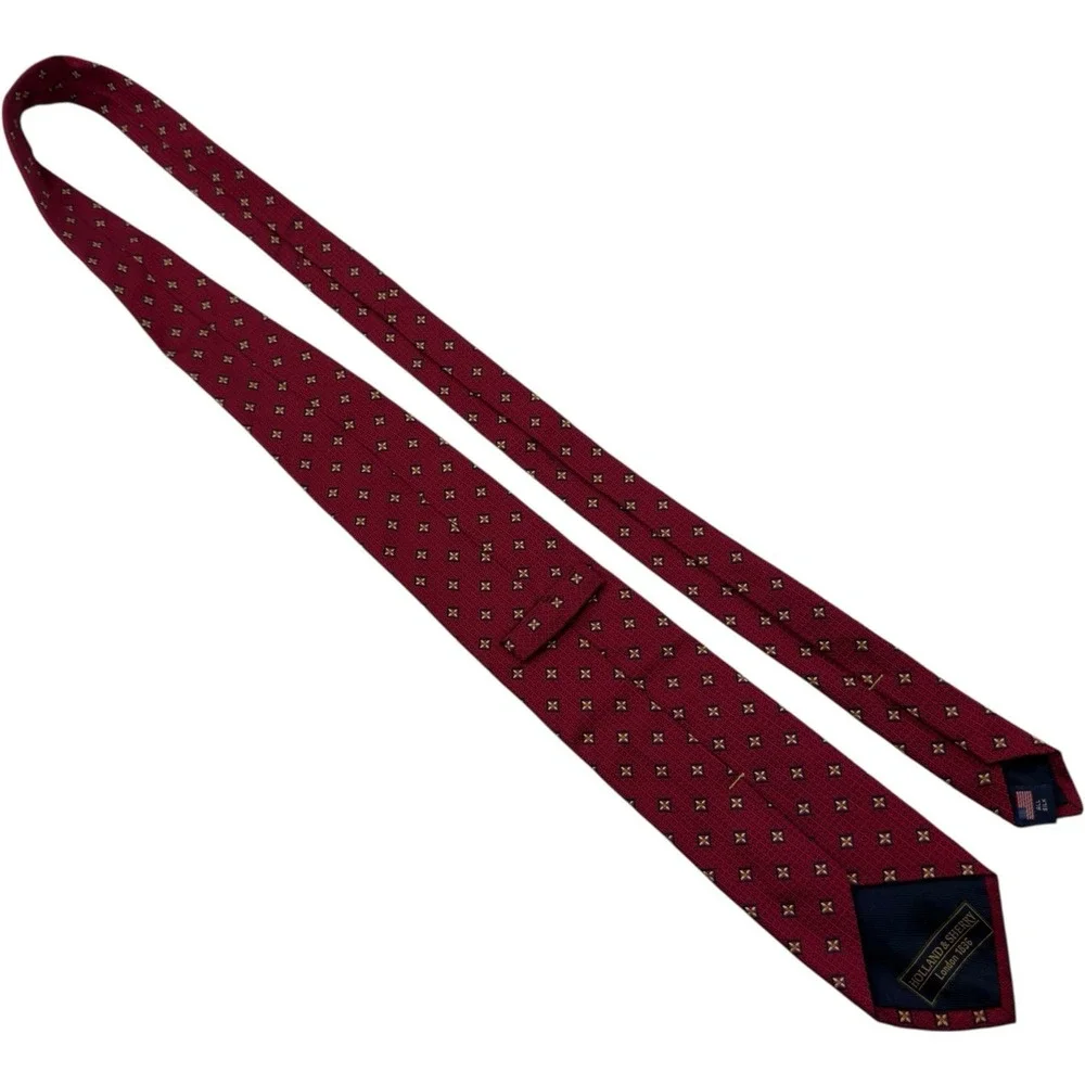 Holland & Sherry Pure Silk Neck Tie Red Blue Yellow Embroidered Squares 3.5x5 US